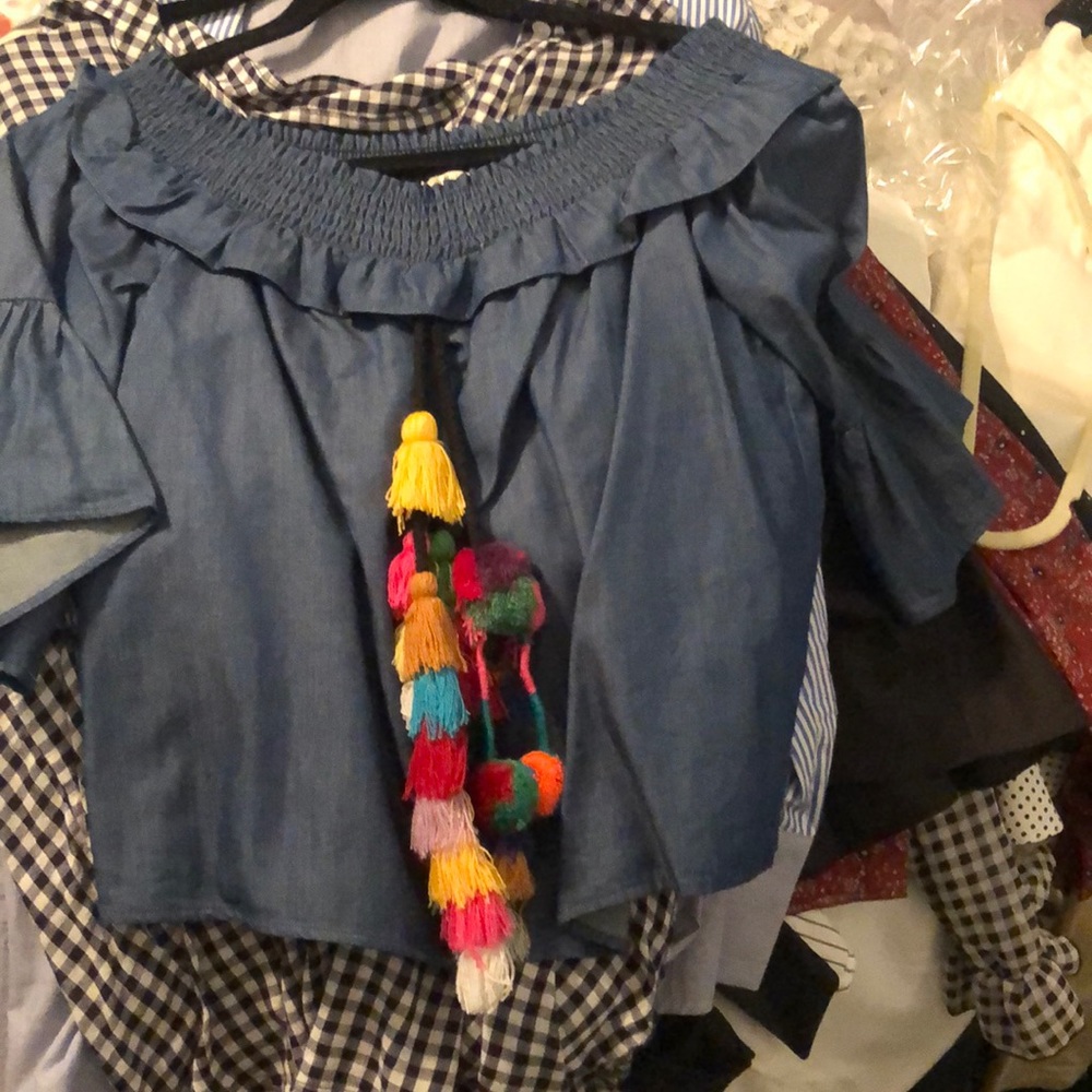 Off the shoulder denim shirt